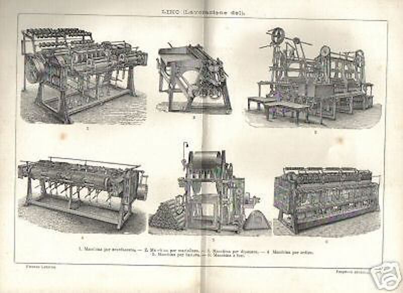 Tecnica, Tessuti, Macchine Per Lavorazione Del Lino, Antica Stampa, Da Collezione immagine 1